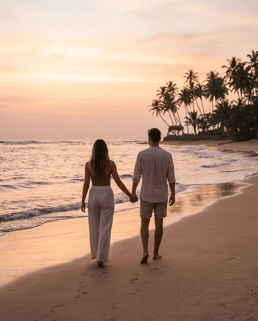 A couple holding hands and walking on a golden sandy beach in Sri Lanka during a beautiful sunset.