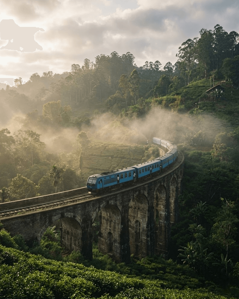 The iconic blue train crossing the Nine Arch Bridge in Ella, surrounded by misty tea plantations and green hills.